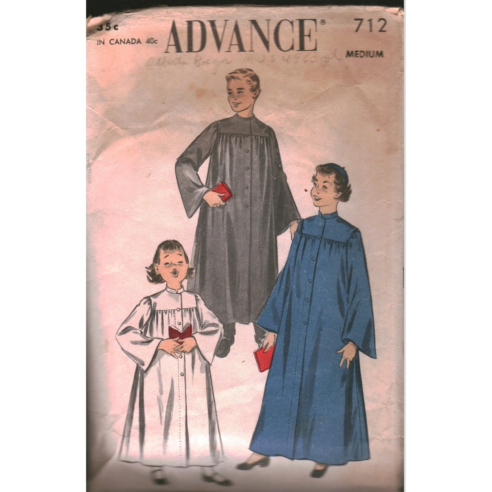 Vintage Advance 712 Boys Girls Choir Robe Sewing‎ Pattern Size Medium 10-12 Gown